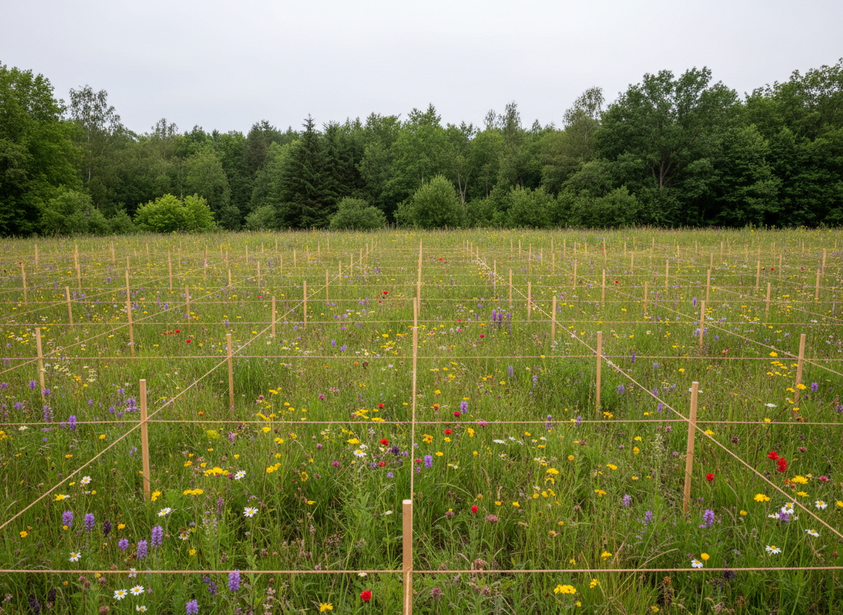 A meticulously organized ecological research station set entirely outdoors, without any people, featuring a series of small quadrats marked by simple wooden stakes and natural fiber string laid over a wildflower meadow. Within each square, diverse native plants, grasses, and insects are visible in fine detail, representing biodiversity monitoring. In the background, a line of mixed woodland borders the meadow under a soft, overcast sky that provides diffused, shadow-free lighting. The mood is methodical yet respectful of nature, illustrating scientific rigor in service of environmental protection. Photographic realism, captured from a slightly elevated angle, with sharp focus across the entire frame. The composition uses clean lines formed by the quadrats to guide the eye through the lush vegetation, conveying a professional, modern, and informative look fitting for an ecology and sustainable development organization.