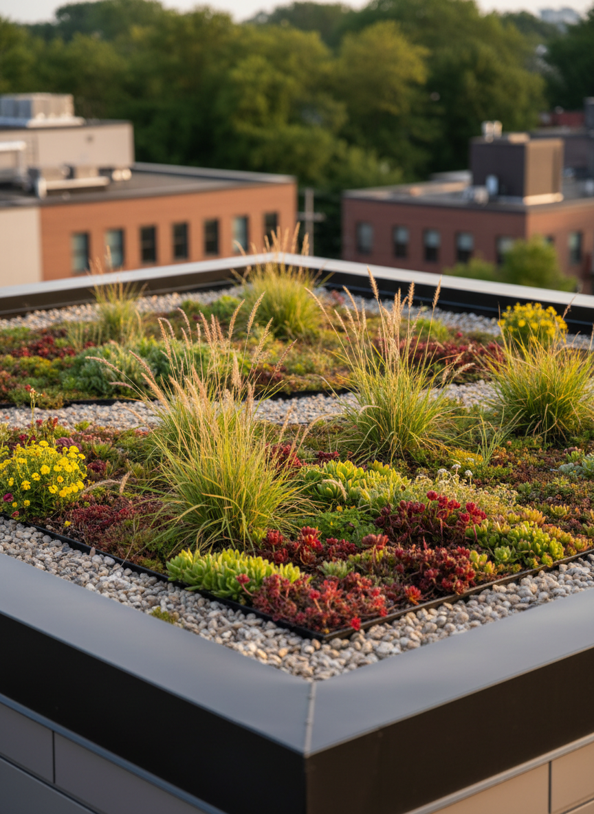 A detailed, close-up photographic scene of a compact urban green roof on a modern, flat-topped building, filled with drought-resistant sedums, native grasses, and small flowering plants in varied greens, reds, and yellows. Between the plants, patches of light gravel and a discreet, dark-grey drainage edge indicate careful engineering for stormwater management. In the distant, softly blurred background, other rooftops and treetops hint at a broader cityscape without showing any people. Late afternoon sunlight casts warm, angled light, creating gentle shadows that reveal plant textures and the subtle undulations of the roof surface. The mood is innovative and optimistic, highlighting urban ecology and sustainable development. Photographic realism with a low, near-plant level angle and shallow depth of field emphasizes the living vegetation while maintaining a clean, contemporary, professional aesthetic suited to a non-profit website.