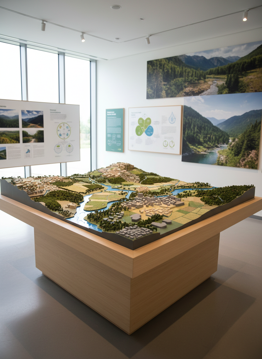 A modern ecological interpretation center interior without any visitors, focused on a large, detailed 3D relief model of a watershed placed on a minimalist, light-wood pedestal table. The model shows rivers, forests, agricultural zones, and urban areas, all rendered with textured materials and naturalistic colors. Surrounding walls are clean white, punctuated by mounted infographics and high-resolution nature photographs, slightly blurred to keep emphasis on the central model. Large, floor-to-ceiling windows on one side admit soft, natural daylight, balanced by subtle recessed ceiling lighting, creating an evenly lit, professional atmosphere. The mood is educational, transparent, and forward-thinking, highlighting the link between nature, development, and ecology. Photographic realism with a slightly elevated, three-quarter angle and moderate depth of field offers clear focus on the model while suggesting the broader, informative environment of a non-profit’s educational space.