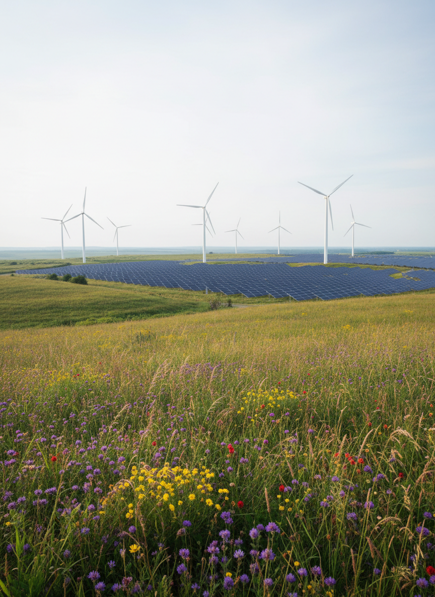 A wide, panoramic view of a renewable energy landscape where technology and nature coexist harmoniously. In the foreground, vibrant wildflowers and tall native grasses sway over gently rolling hills. Midground features sleek white wind turbines and a small solar farm with deep-blue photovoltaic panels angled toward the sky, all integrated into the greenery without visible roads or buildings. The sky is bright but slightly overcast, providing soft, even daylight that reduces harsh shadows and highlights natural colors. The mood is optimistic and forward-looking, emphasizing sustainable development. Captured in photographic realism with a slightly elevated angle and sharp depth of field throughout, the composition follows the rule of thirds, balancing natural vegetation, clean energy infrastructure, and expansive sky to create a professional, modern visual for an ecology-focused organization.