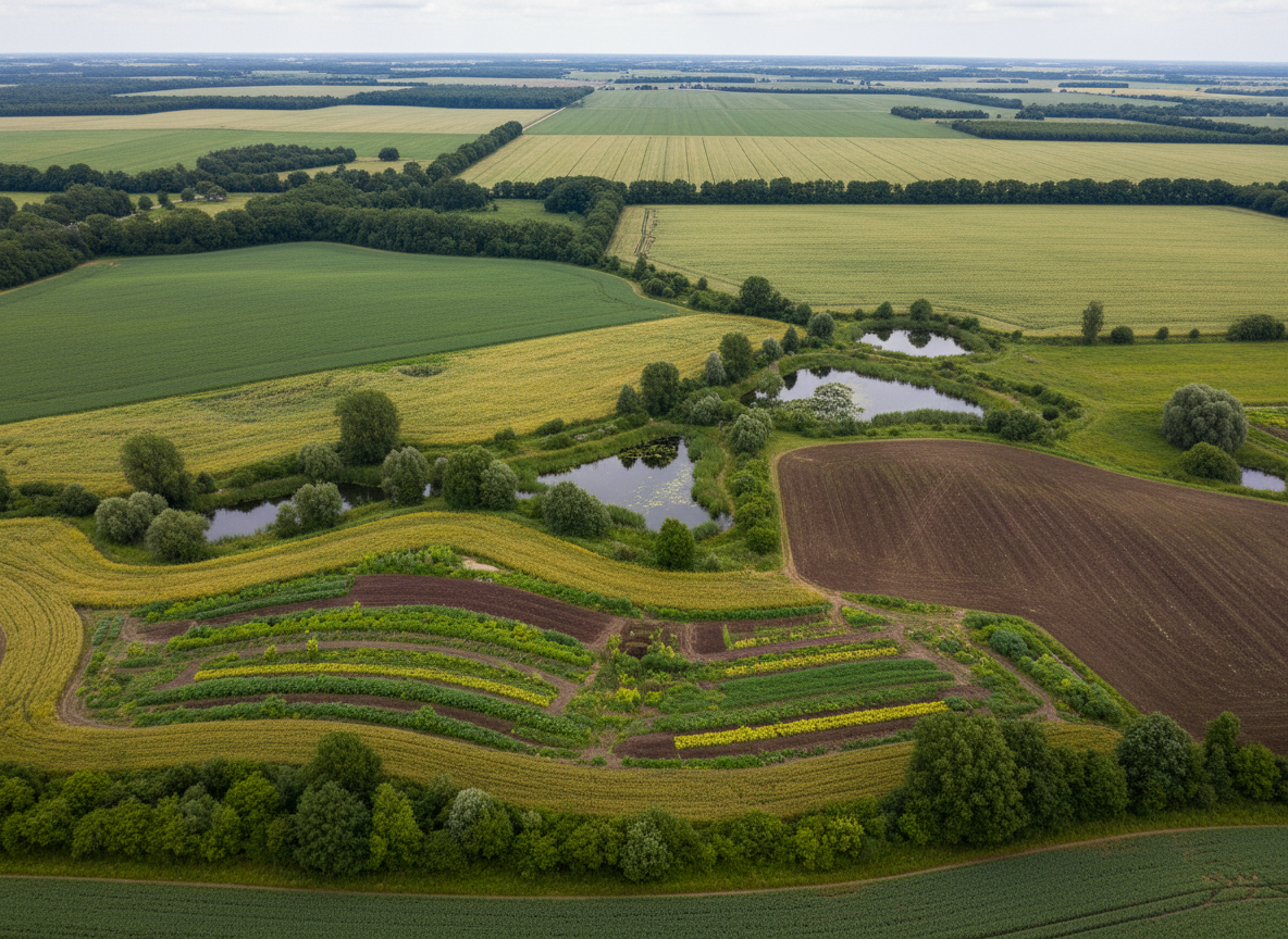 An aerial, bird’s-eye photographic view of a patchwork agricultural landscape transitioning toward sustainable practices. In the foreground, organically managed fields with varied crops form irregular shapes, separated by hedgerows, tree lines, and small ponds that foster biodiversity. Adjacent plots show dense cover crops in rich greens and mustard tones, contrasting with a few dark-brown fallow sections designed for soil regeneration. The lighting is bright but softened by high, thin clouds, ensuring even, natural color without harsh contrast. The mood is analytical yet hopeful, symbolizing ecological transition in land management. High-resolution photographic realism with crisp detail across the frame allows viewers to distinguish textures of crops, trees, and water. The composition is balanced and professional, ideal as a visual for a non-profit explaining sustainable agriculture and landscape-scale conservation.