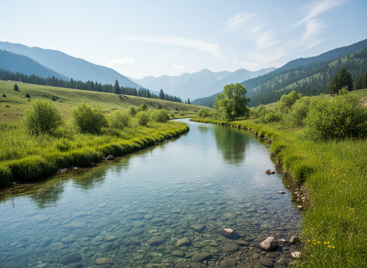 A clear, mountain-fed river meandering through a lush valley, with smooth stones visible beneath the glassy, turquoise water. On either bank, dense riparian vegetation features reeds, willows, and wild grasses in varied shades of green, with a few yellow flowering plants adding subtle color. In the background, gently sloping hills transition into forested mountains, all under a pale blue sky with thin, wispy clouds. Soft midday daylight, slightly diffused by the clouds, provides even illumination and crisp reflections on the water’s surface. The mood is pure, refreshing, and peaceful, emphasizing water conservation and ecosystem health. Photographic realism with an eye-level, horizontal composition, wide angle lens, and sharp focus from foreground rocks to distant hills creates a professional, documentary feel that suits an ecological non-profit’s educational content.