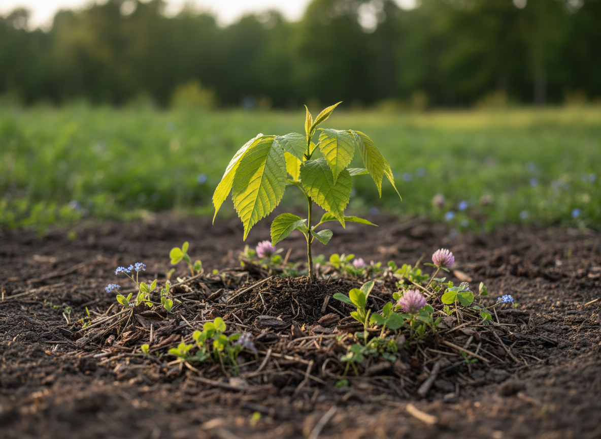 A close-up, photographic-realistic scene of healthy, dark-brown soil cradling a small, newly planted native tree sapling with vivid green leaves and delicate veins. Around the sapling, there is a subtle ring of mulch, fallen leaves, and a few tiny wildflowers and clover, illustrating biodiversity. The setting is an open clearing bordered by blurred greenery, suggesting a reforestation project without showing any human presence. Late afternoon light, warm but soft, grazes the leaves from the side, creating gentle highlights on the sapling and long, subdued shadows in the soil. The mood is hopeful and nurturing, symbolizing ecological restoration and sustainable development. Shot from a low, near-ground perspective with shallow depth of field, the sapling is sharply in focus while the background melts into a calm, natural bokeh, giving a clean, professional, nonprofit-appropriate aesthetic.