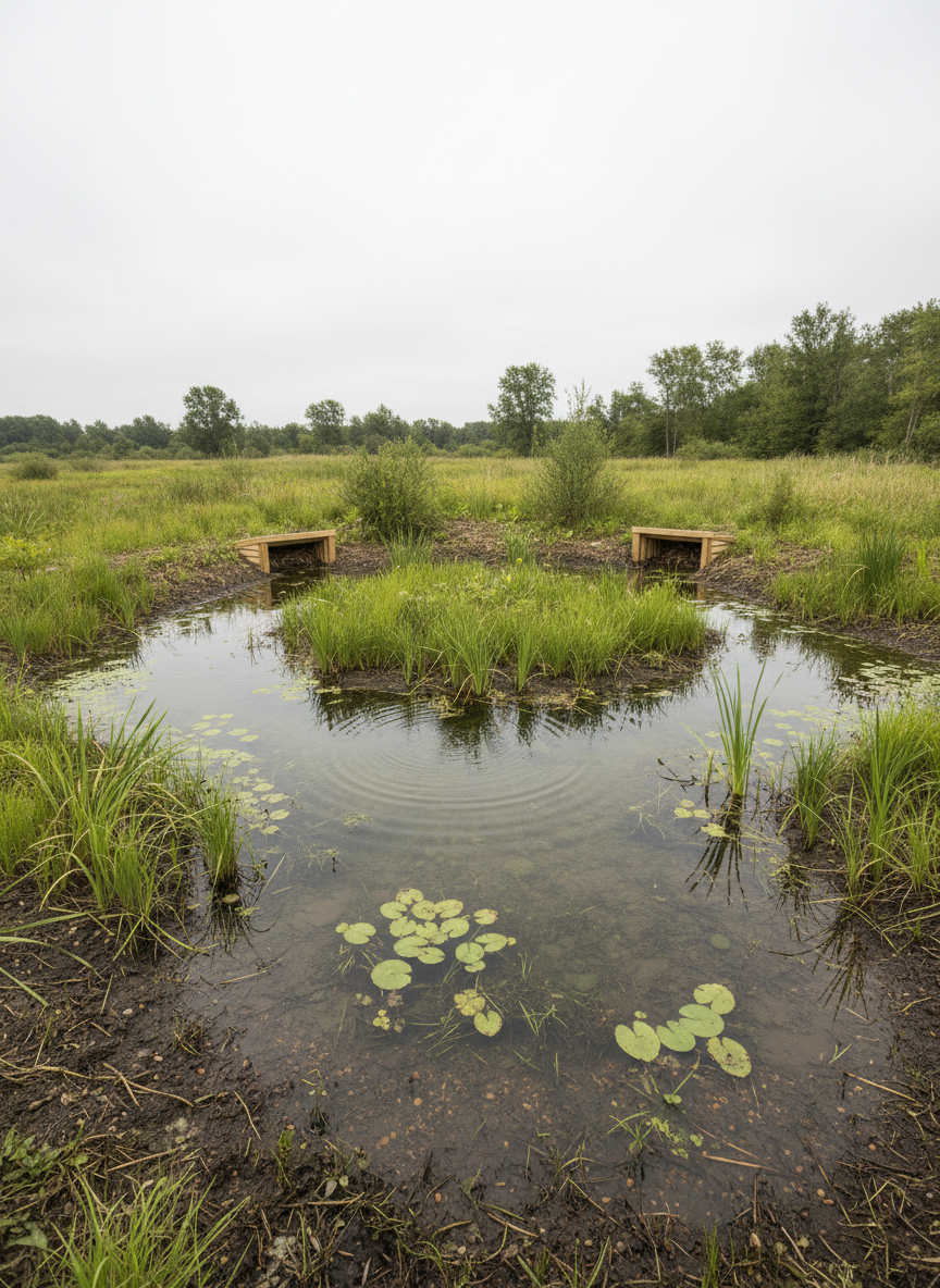 A pristine wetland restoration scene featuring a mosaic of shallow pools, emergent reeds, and floating aquatic plants in varying greens, interspersed with patches of exposed, muddy shoreline rich with organic texture. In the midground, small, newly installed wooden habitat structures for amphibians and birds are partially concealed by vegetation, integrating design with nature. The sky is overcast, providing soft, diffused light that reveals subtle color variations in water, mud, and plants without strong shadows. Gentle ripples on the water surface reflect muted grays and greens, adding a tranquil motion. The mood is quiet and restorative, emphasizing ecological balance and habitat recovery. Photographic realism with an eye-level, horizontal composition and moderate depth of field keeps foreground reeds crisp while distant vegetation gradually softens, conveying a professional, conservation-focused narrative for an ecology and development organization.
